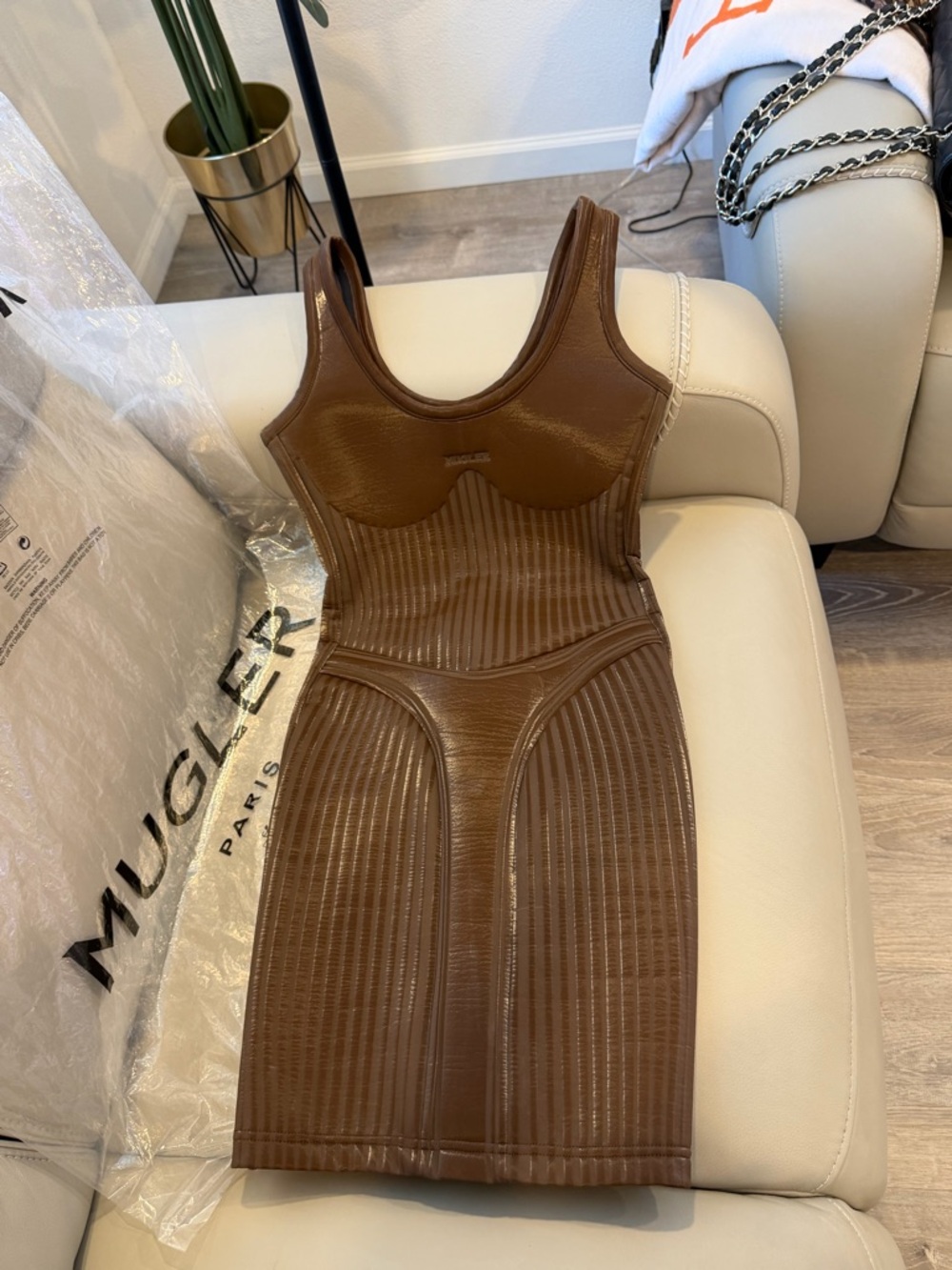 Mugler Shiny Brown Mini Dress